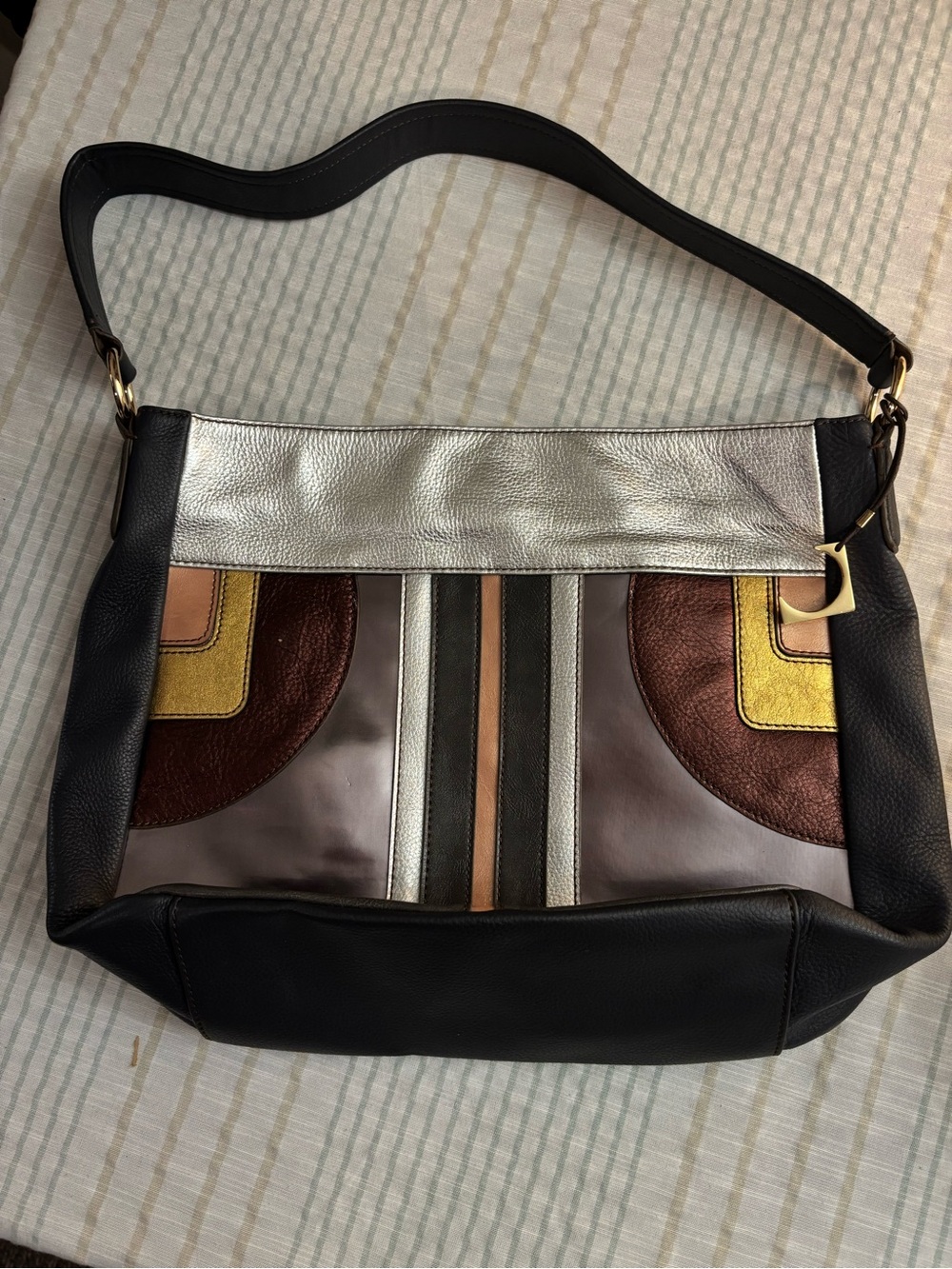 Liz Claiborne Black Shoulder Bag with Silver, Brown, Gold Accents